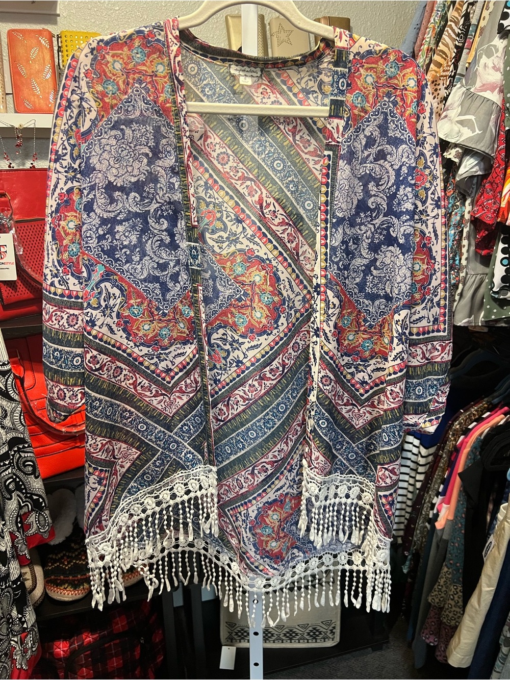 Eyeshadow Boho Fringe Open Kimono in Navy, White, Pink & Teal